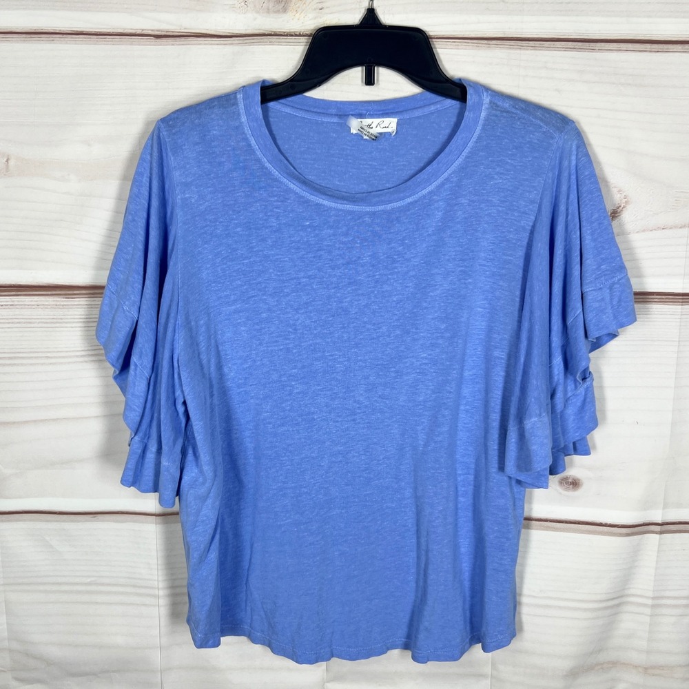 On the Road Ruffle Sleeve Top Womens Small Blue Solid Linen Blend T-Shirt Boho